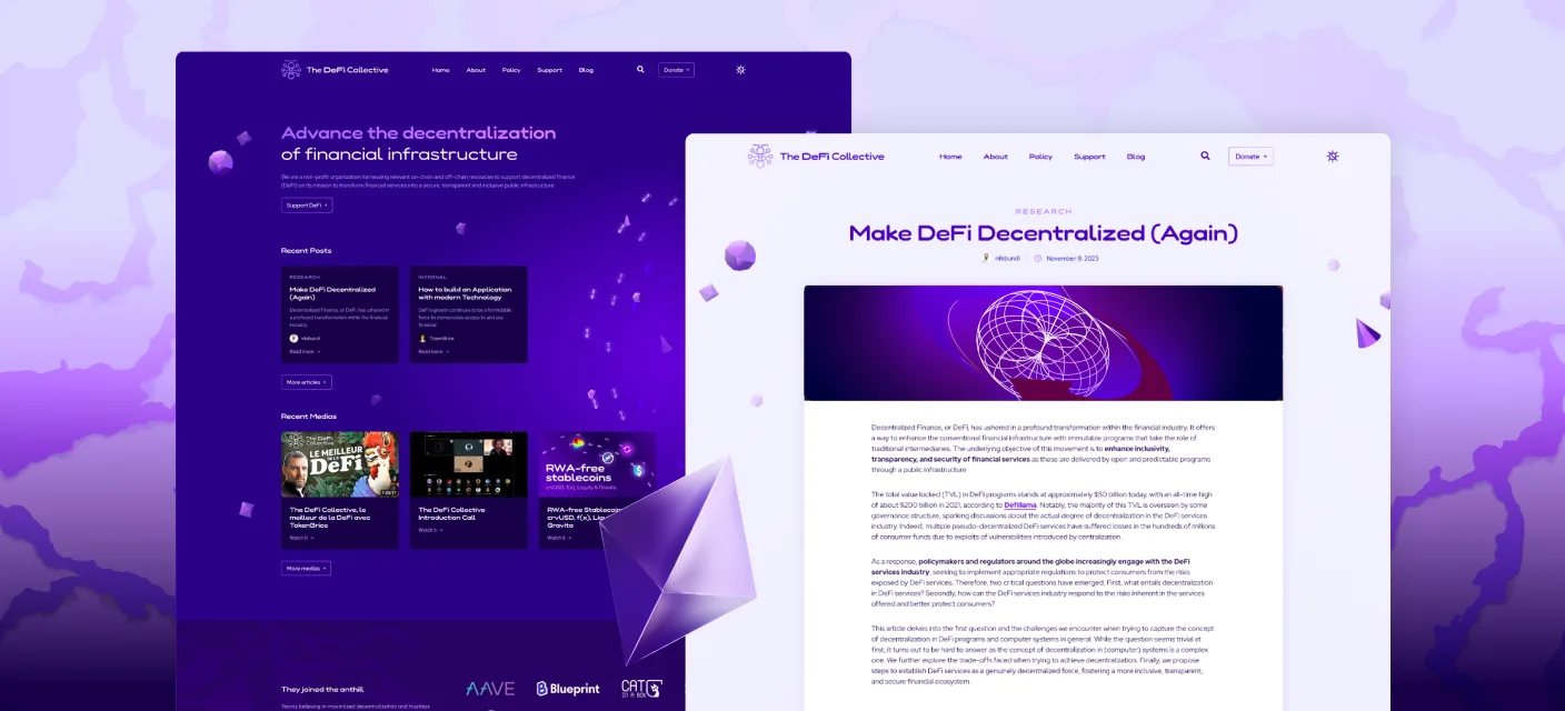 DeFi Collective site screens: landing, articles and research pages