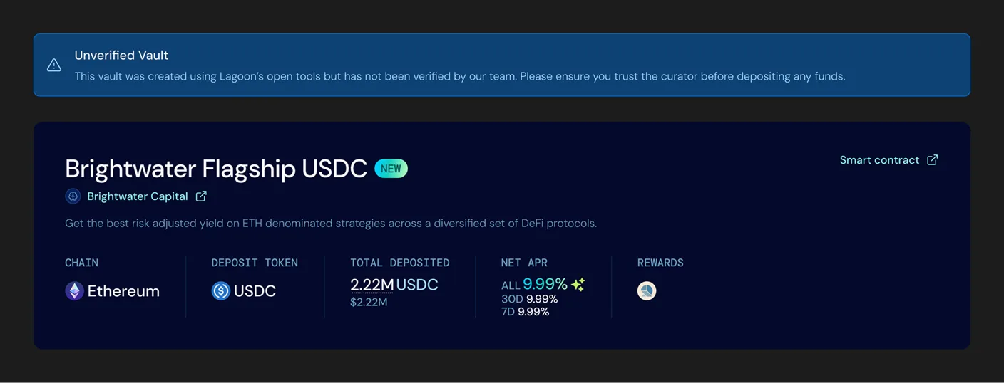 An unverified-vault banner above a vault header: the banner says the vault was created using Lagoon's open tools but has not been verified by the team and to ensure you trust the curator before depositing, shown above the Brightwater Flagship USDC header and its figures