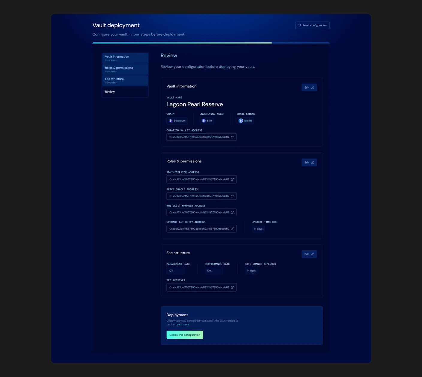 Vault deployment review screen: vault information, roles and fee structure recapped with their on-chain addresses, the rate-change and upgrade timelocks, and a deploy button, all on one screen before the transaction