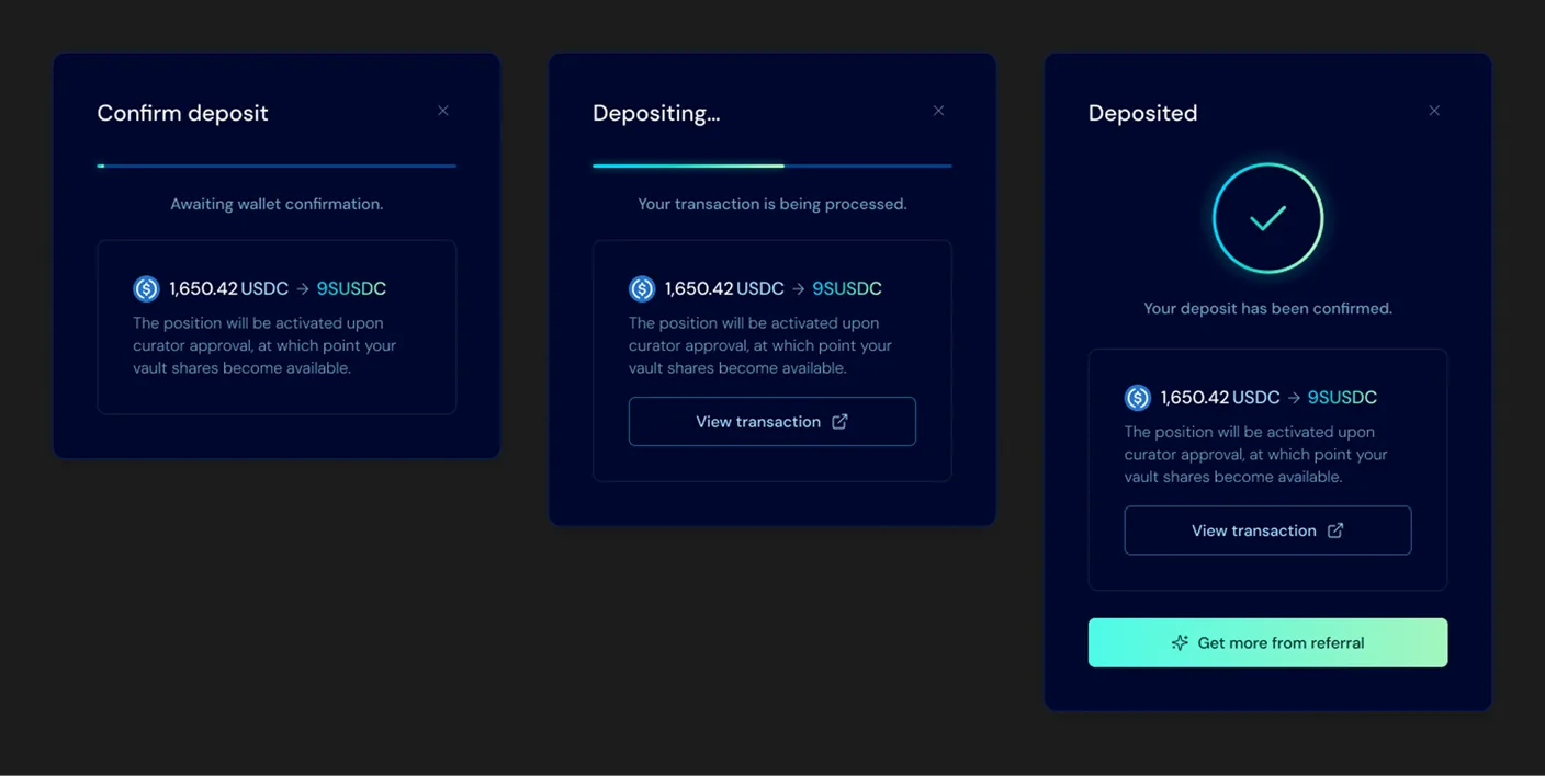 The deposit flow in three modal states side by side: Confirm deposit (awaiting wallet confirmation, 1,650.42 USDC to 9SUSDC), Depositing (transaction processing), and Deposited (confirmed), each repeating the notice that the position activates upon curator approval