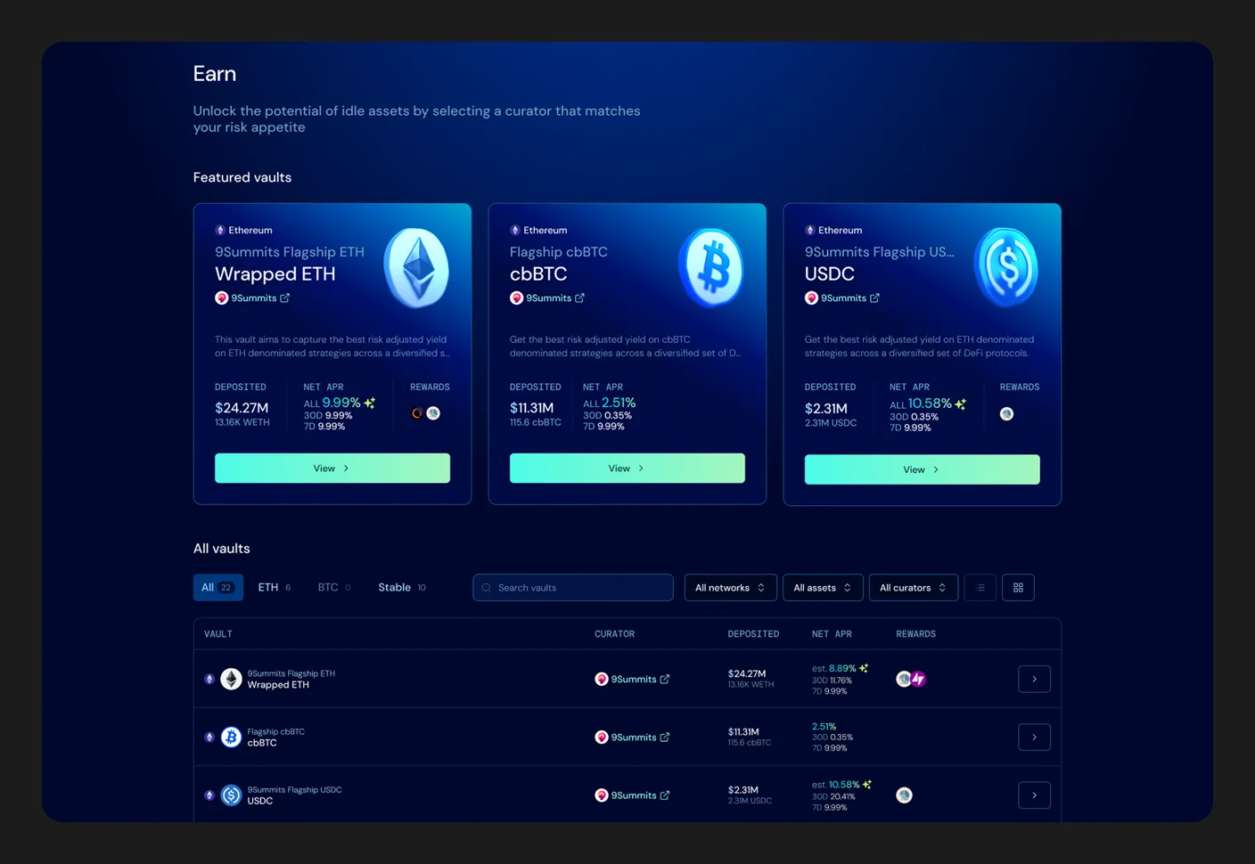 The Earn page: three featured vault cards with APR and TVL, above a full vault table with asset tabs and filters by network, asset and curator