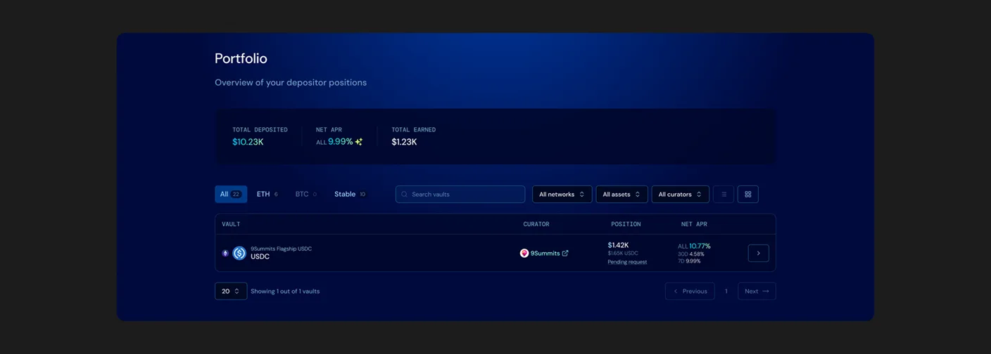 The Portfolio page: total deposited, net APR and total earned in a summary strip, then a table of positions with curator, value and a pending request status chip