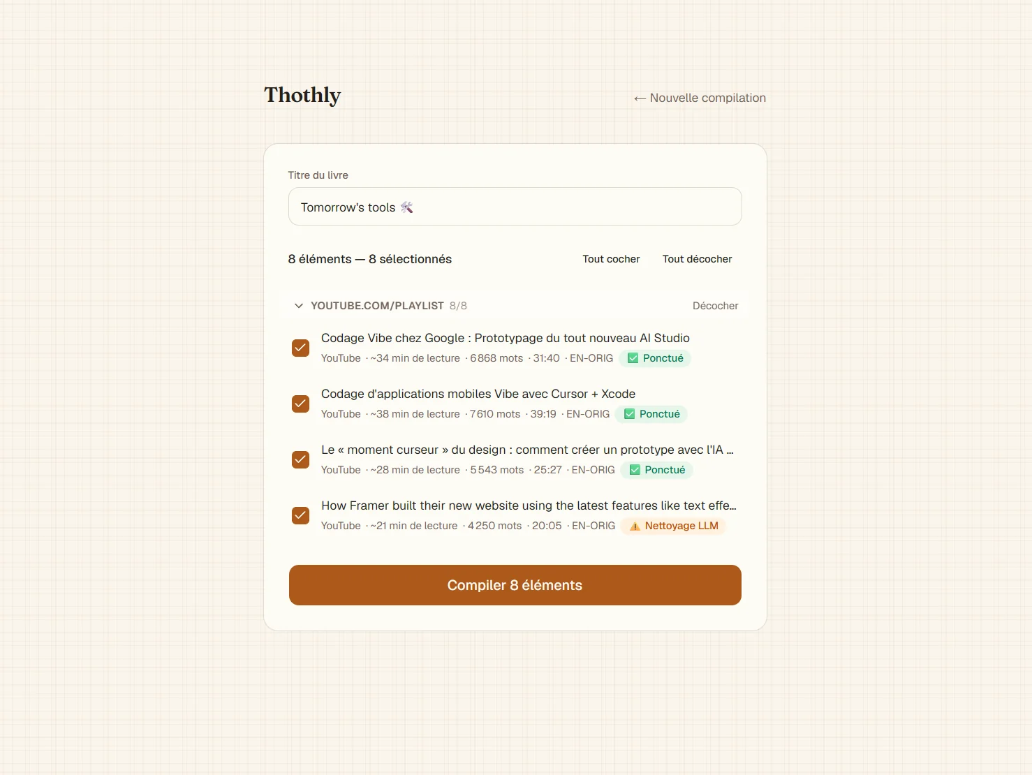 Thothly interface: a compilation screen turning a YouTube playlist into a book, with selected items and word counts